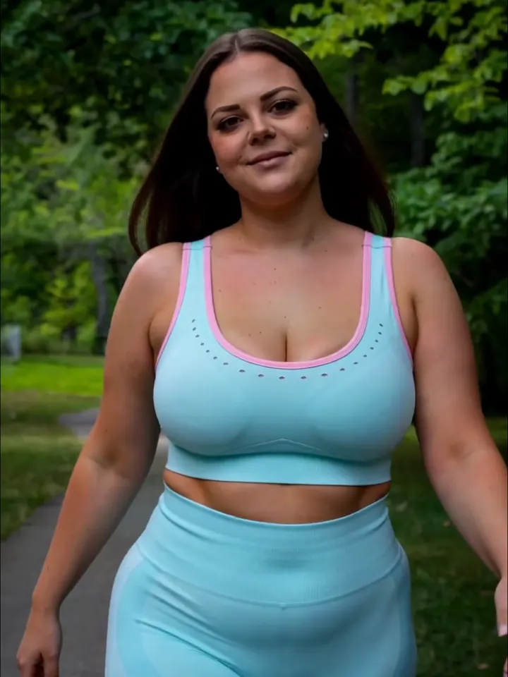 Lea in a light blue workout set in the park